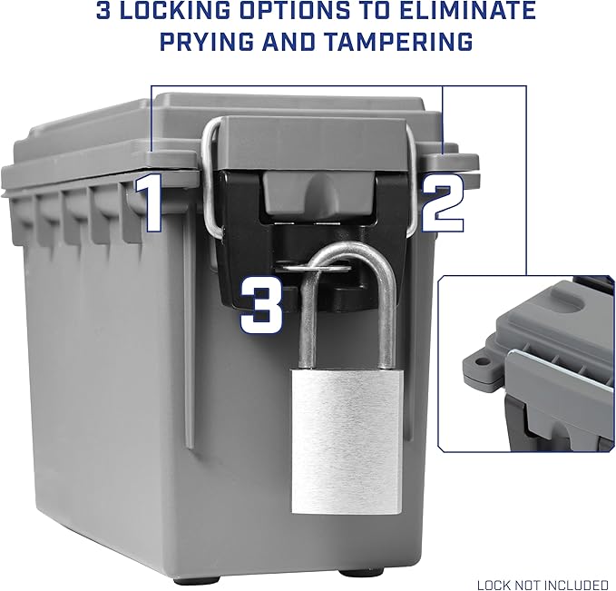 Sheffield 12628 Ammo Storage Box, Stackable .30 Cal Field Boxes, Water and Dust Resistant, Lockable Storage Box with Handle, Secures Hunting Gear, Supplies, and Bullets, Made in USA, Gray, 1-Pack