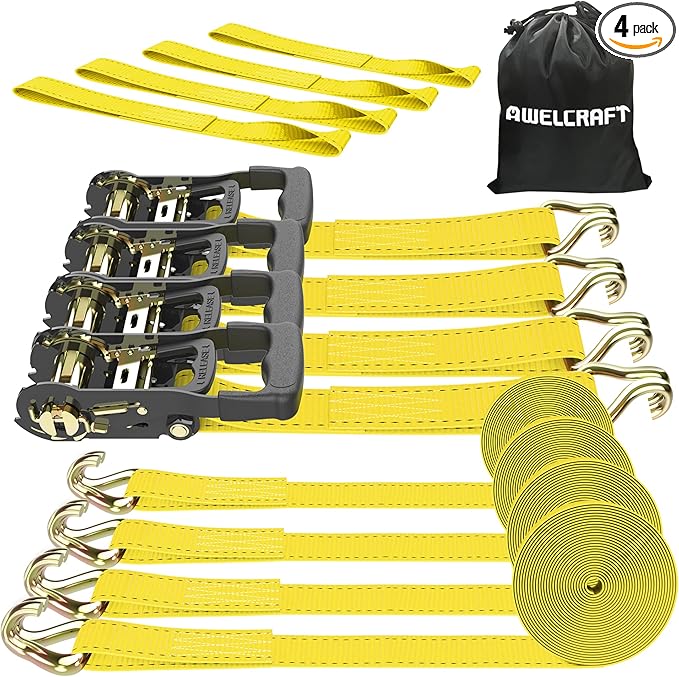 Ratchet Straps (4PK) - 4500lbs Breaking Strength 1.5''×15' Heavy Duty Tie Down Straps with Padded Handles, Double J Hooks & Soft Loops for Moving Motorcycle, Trailer & Trucks (Yellow)