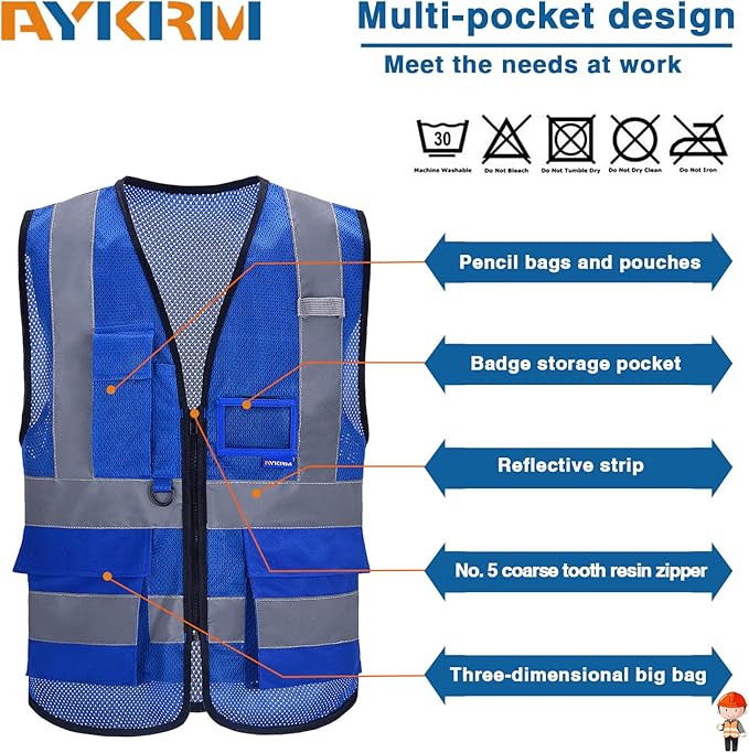 A-SAFETY High Visibility Mesh Safety Reflective Vest with Pockets and Zipper,Hi Viz Work Vest for Men Women (Blue Mesh L)