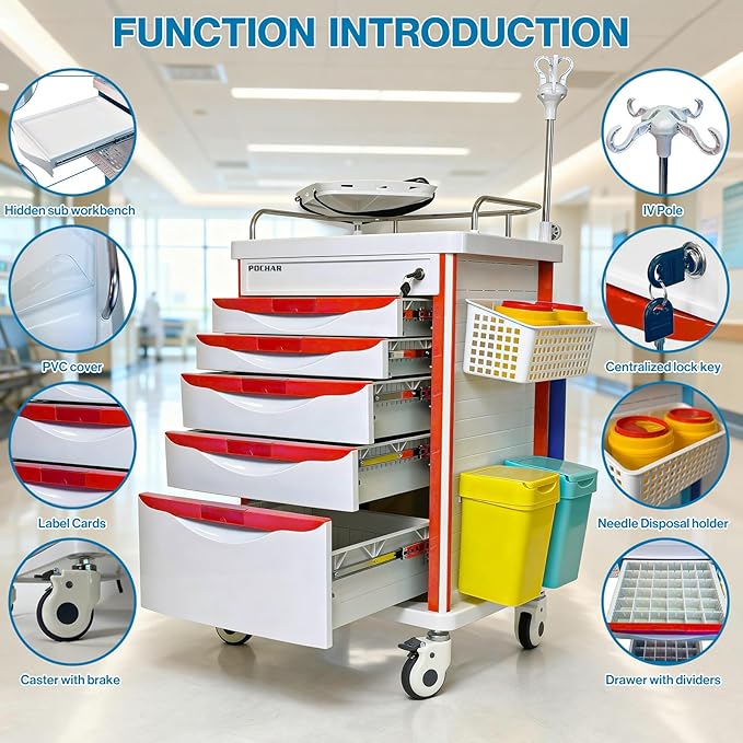 Pochar Medical Crash Cart with Emergency Accessory - Cardiac Board, IV Pole, O2 Holder, Power Strip, Trash Bin, Drawers with Dividers - Mobile Emergency Cart for Hospitals and Clinics