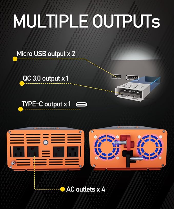 3000W Pure Sine Wave Inverter 12v to 110v Inverter 6000w Peak Power Rv Truck Emergency Power + Solar Off-Grid System Type-C/USB Fast Charging LCD Monitor Screen