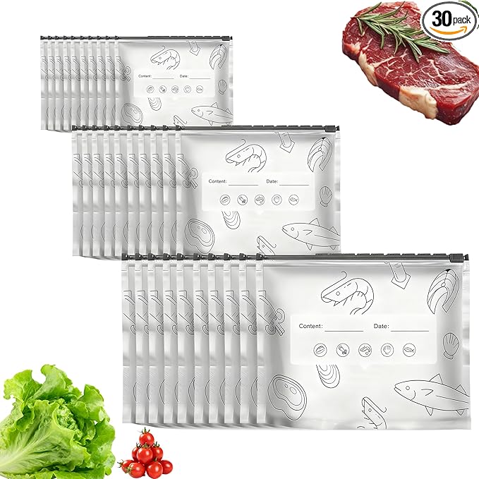 30Pcs Reusable Aluminum Foil Sealable Storage Bags, Thicken Stand Up Foil Sealable Bags with Label and Zip Lock, Aluminum Foil Bags for Food, Vegetable Fruit Meat (10*S+10*M+10*L)(Zipper)