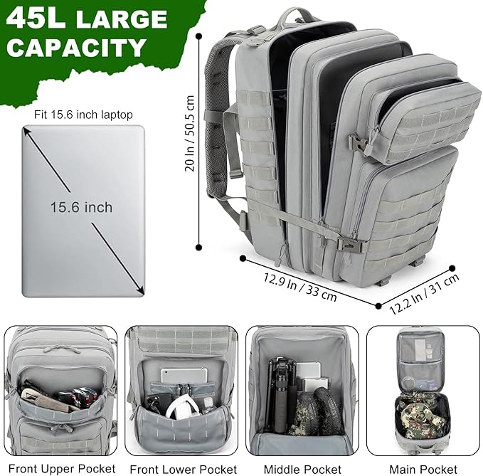 Tactical Backpack 45L Army Military Rucksack, Water Resistant MOLLE Pack, Large 3 Day Bug Out Bag for Men & Women, Durable Outdoor Gear for Hiking, Camping, Hunting, Travel (Grey)