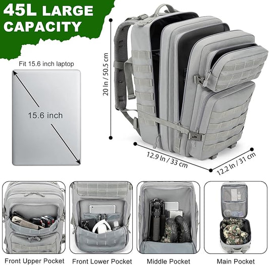 Tactical Backpack 45L Army Military Rucksack, Water Resistant MOLLE Pack, Large 3 Day Bug Out Bag for Men & Women, Durable Outdoor Gear for Hiking, Camping, Hunting, Travel (Grey)