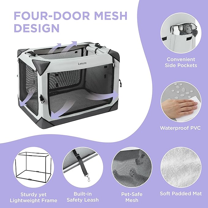Lesure Collapsible Dog Crate - Portable Travel Kennel for Extra Large Dog, 4-Door Pet Crate with Mesh Windows, Indoor & Outdoor, Light Gray