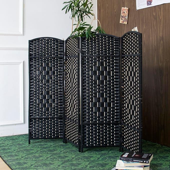 4 Panel Rattan Divider Short Room Partition Screen,Double Sided Folding Divider for Room Separation,Black,47.2" H x 63" W