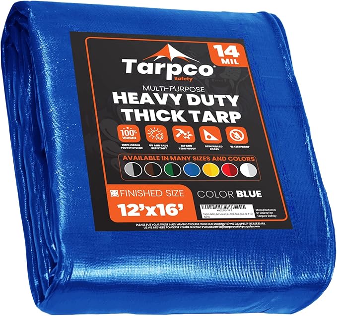 Tarpco Safety Extra Heavy Duty 14 Mil Tarp Cover, Waterproof, UV Resistant, Rip and Tear Proof, Poly Tarpaulin with Reinforced Edges for Roof, Camping, Patio, Pool, Boat (Blue 12′ X 16′)