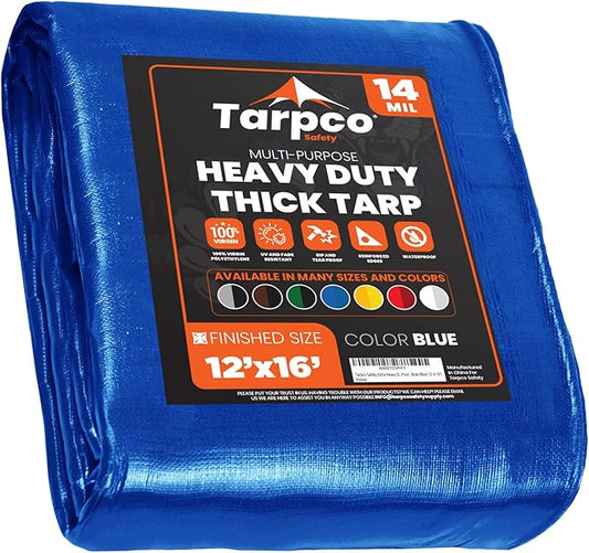 Tarpco Safety Extra Heavy Duty 14 Mil Tarp Cover, Waterproof, UV Resistant, Rip and Tear Proof, Poly Tarpaulin with Reinforced Edges for Roof, Camping, Patio, Pool, Boat (Blue 12′ X 16′)