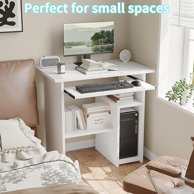 ALISENED Home Office Computer Desk with Monitor Stand Keyboard Tray, 31.5 Inch Study Writing Desk Small PC Laptop Table with Storage Shelves, Modern Workstation for Small Spaces Save Space, White B