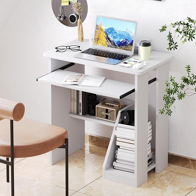 ALISENED 30" Small Computer Desk with Keyboard Tray Monitor Stand, Study Writing Desk with Storage Shelves, Modern Workstation for Small Spaces, Save Space, White