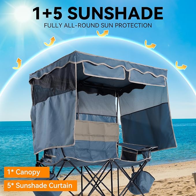 Double Beach Chair With Canopy Shade Camping Chair With Canopy Oversized Camping Chair With Removable Roof Folding Loveseat Chair With Two Cup Holders and Cooler Bag For Camping,Beach, Fishing
