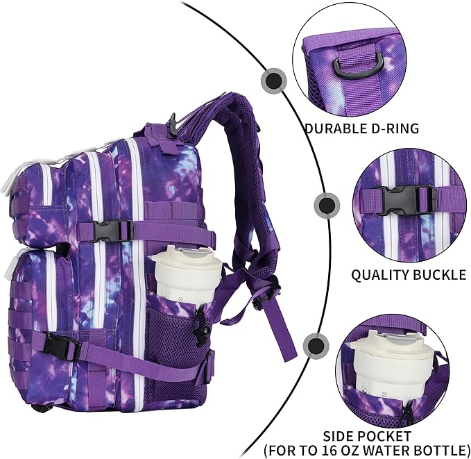 25L Tactical Backpack Military Tactical Backpack for Men and Women Small Assault Pack Outdoor Travel Hiking Camping Rucksack with Molle Webbing (Purple Camo)