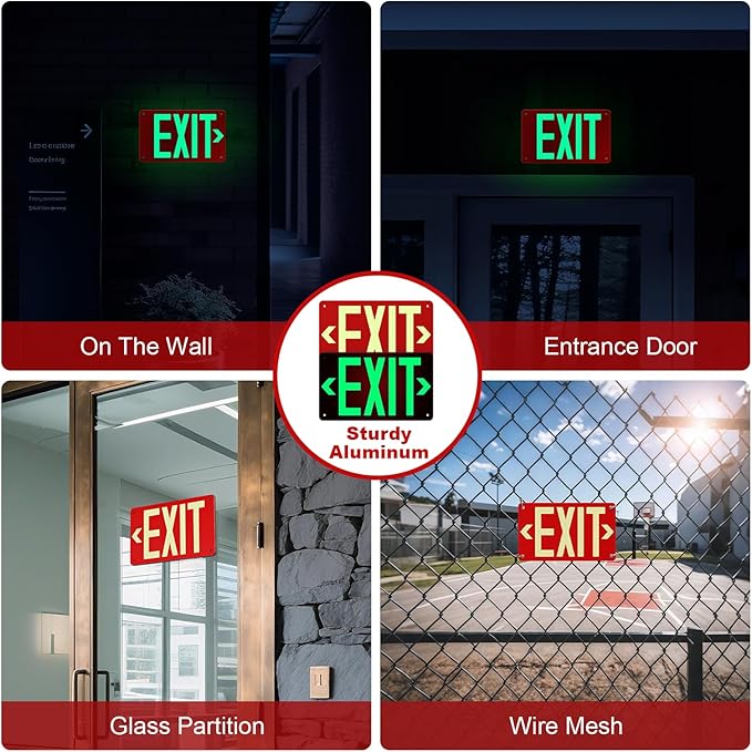 Photoluminescent Aluminum Exit Sign Red Glow in The Dark, 12x7 In Self-Adhesive Backing Emergency Exit Sign Sticker with Removable Arrows, Non-Electrical for 50 Feet Visibility (2 Pack)