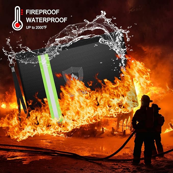 Fireproof Document Bag with Metal Zipper & Reflective Strip, Waterproof Fire Safe Pouch for Cash, Passport, Certificates, Valuables (2 Sizes: 13.3x9.4" & 10.8x6.8")