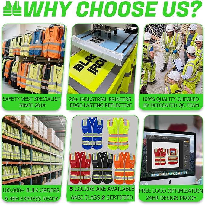 BeautyWill 10 Pack Custom Logo Safety Vest ANSI Class 2 High Visibility Reflective Vest Personalized Construction Vest Bulk