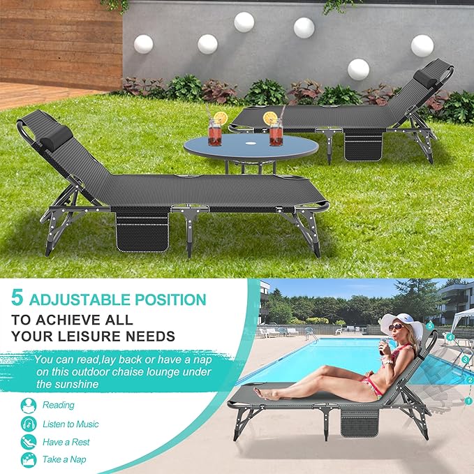 ABORON Patio Lounge Chair, Folding Guest Bed Cot for Adults, 500LB Heavy-Duty Capacity, Portable Extra Bed with Comfort Mat, Quick Fold Design for Indoor Guest Stays & Temporary Use