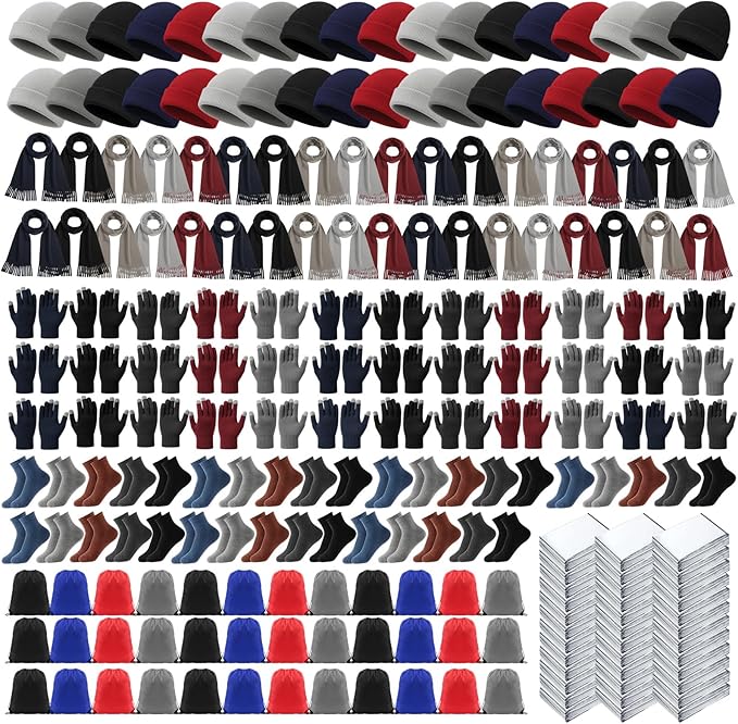 216 Pcs Homeless Care Package Supplies Bulk Winter Emergency Blankets Beanies Hat Gloves Scarves Socks Drawstring Bags for Men Women Cold Weather Camping Outdoor Survival Kit (5 Colors)