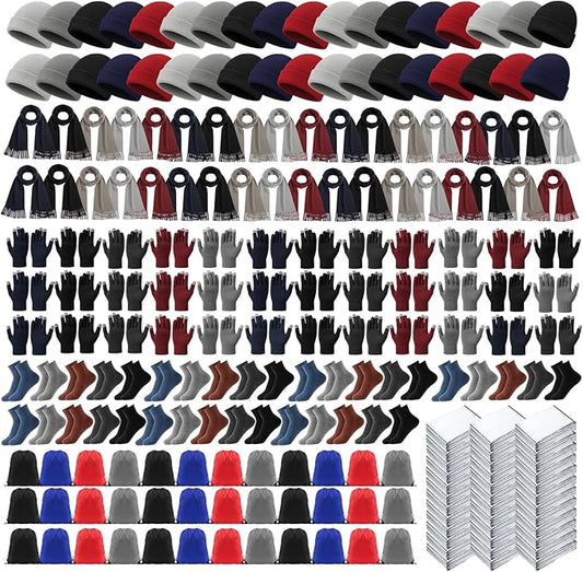 216 Pcs Homeless Care Package Supplies Bulk Winter Emergency Blankets Beanies Hat Gloves Scarves Socks Drawstring Bags for Men Women Cold Weather Camping Outdoor Survival Kit (5 Colors)