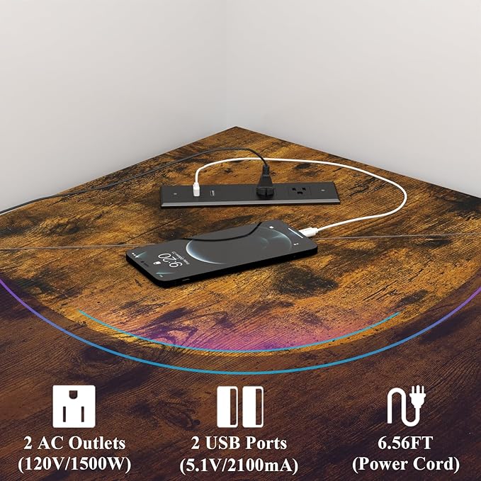 Auromie Corner Desk with Outlets & USB Ports, 90 Degree Triangle Corner Table with CPU Stand & Storage Shelves for Small Space, Computer Table with Charging Station for Home Office Bedroom (Rustic)