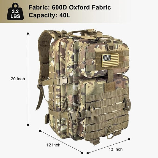 MOLLE Assault Backpack, Tactical Backpack Military Army Camping Rucksack, 3-Day Pack Trip w/USA Flag Patch, D-Rings, Cp