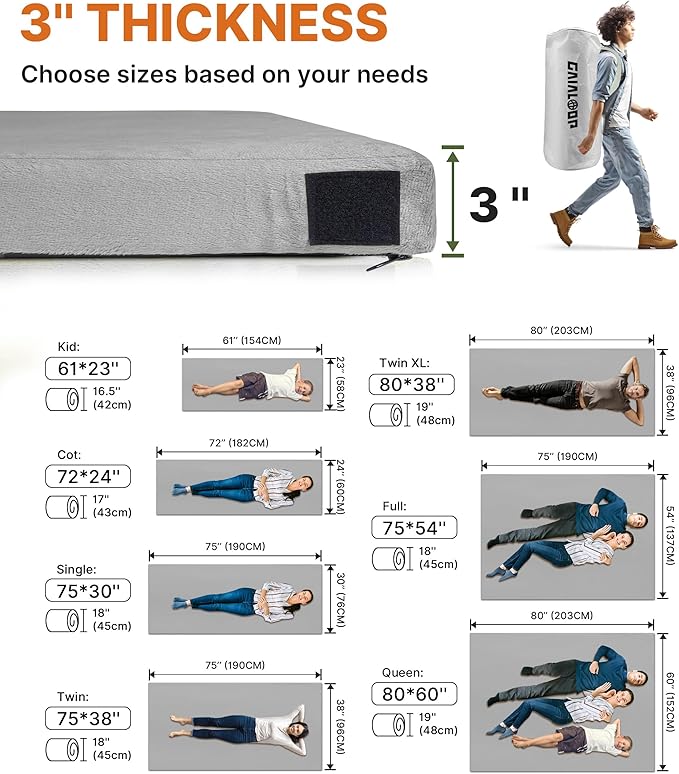 3 Inch Memory Foam Camping Mattress, Dual Layer Thick Sleeping Camp Pad for Car Tent Cot, Roll-Up Portable Glamping Floor Bed for Guests Sleepover