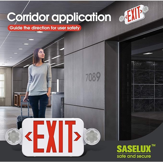 Red Led Exit Sign Emergency Light Combo Adjustable Two Head, Double Sided and Battery Backup Exit Light, Contractor Select, AC 120/277V (1)