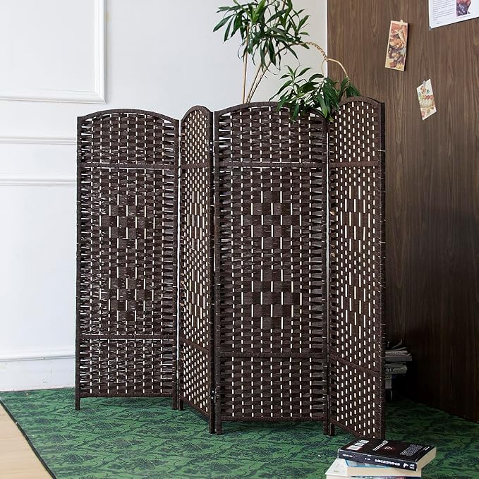 4 Panel Rattan Divider Short Room Partition Screen,Double Sided Folding Divider for Room Separation,Dark Brown,47.2" H x 63" W