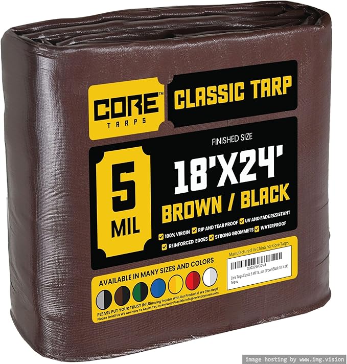 Core Tarps Classic 5 Mil Tarp Cover, Waterproof, UV Resistant, Rip and Tear Proof, Poly Tarpaulin with Reinforced Edges for Roof, Camping, Patio, Pool Cover, Boat (Brown/Black 18′ X 24′)