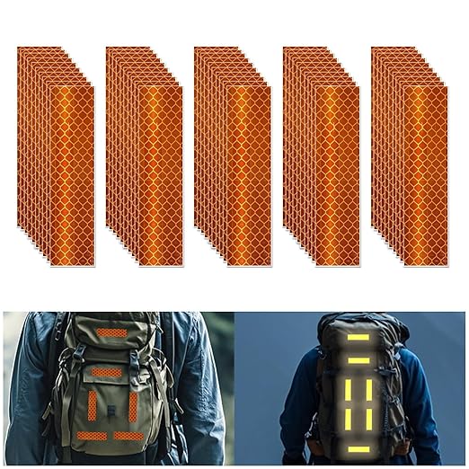 Non Fading Orange Reflective Stickers 1 inch X 4 inch, Outdoor Waterproof High Visibility Warning Safety Adhesive Reflector Tape (50 Pcs)
