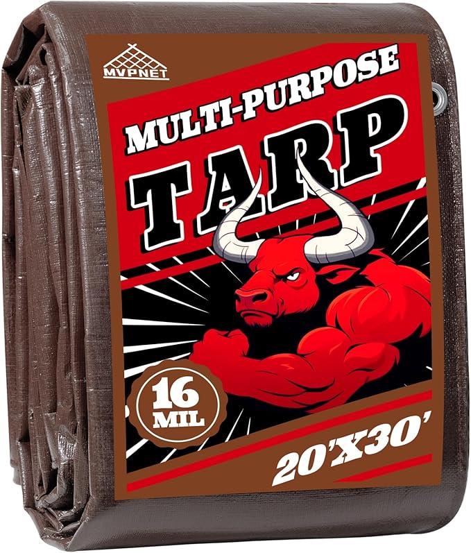 Tarp 20x30 ft Super Heavy Duty 16mil 100% Waterproof,Uv Resistant,High Durability Multipurpose Brown Tarp Suitable for Courtyards, Cars, Camping, Gardens, Pet Nests -by Mvpnet