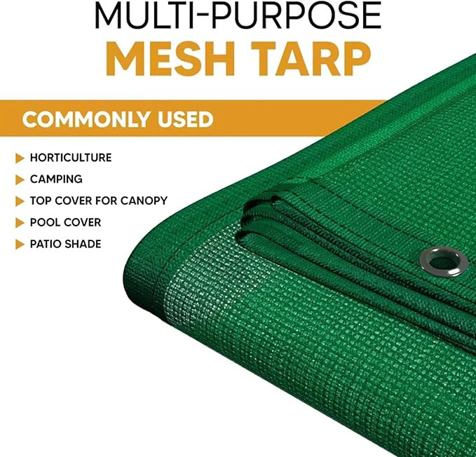 UV Resistant Green Mesh Tarps 12' x 24' - Rip & Tear Proof Resistant Polyethylene Mesh for Plant Garden, Greenhouse House Patio, Car, Truck, Boat or RV, 70% Sunblock Shade