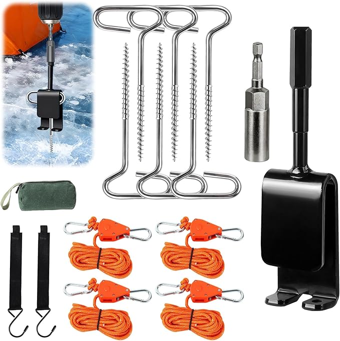 Heavy Duty Ice Anchor Drill Adapter Tool Kit, 15Pcs Stainless Steel Tent Stakes Set with 13FT Ratchet Ropes, Tent Hooks, Canvas Bag for Ice Fishing Shelter Setup(6Pcs Tent Stakes+4Pcs Rope Roller)