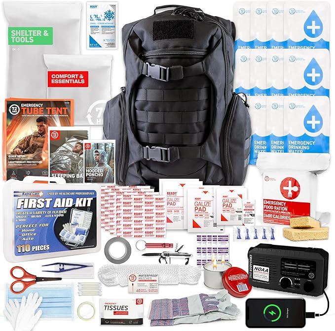 72 HRS Deluxe Emergency Survival Kit - Heavy Duty 72 Hour Bag Survival Kit for Earthquake, Hurricane, Tsunami, Winter, Blackout - Includes Emergency First Aid Kit, Water, Food
