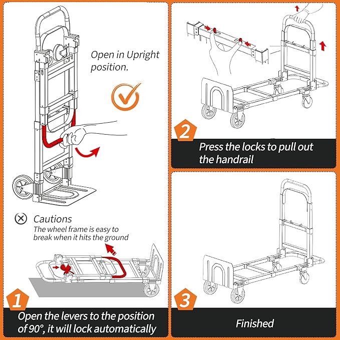 2 in 1 Convertible Hand Truck Dolly, 660 LBS Load Capacity Folding Cart with Wheels, Elastic Straps, Carbon Steel Collapsible Dolly Cart for Home, Warehouse, Supermarket, Office