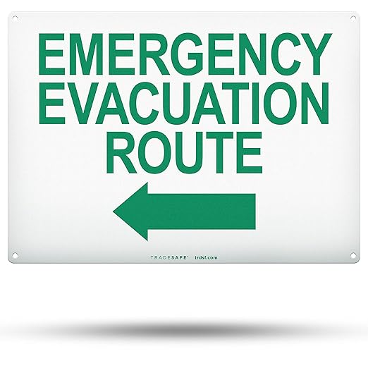 TRADESAFE Emergency Evacuation Route Sign - Evacuation Plan With Arrow Left, Quick Install Aluminum Safety Sign, Light Reflective, UV-Resistant, Waterproof, 14” X 10” Signs for Business
