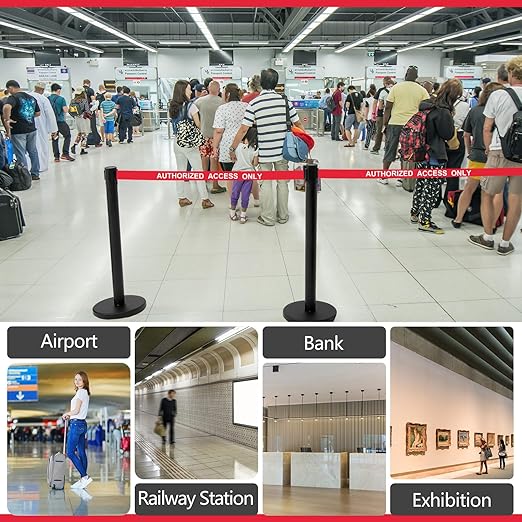 Therwen 6 Pack Heavy Duty Crowd Control Stanchions 9.8 ft Stainless Steel Stanchion Set with 6 Safety Barrier Post Retractable Belt and 1 Sign Holder Crowd Control Barrier(Authorized Belt,Black)