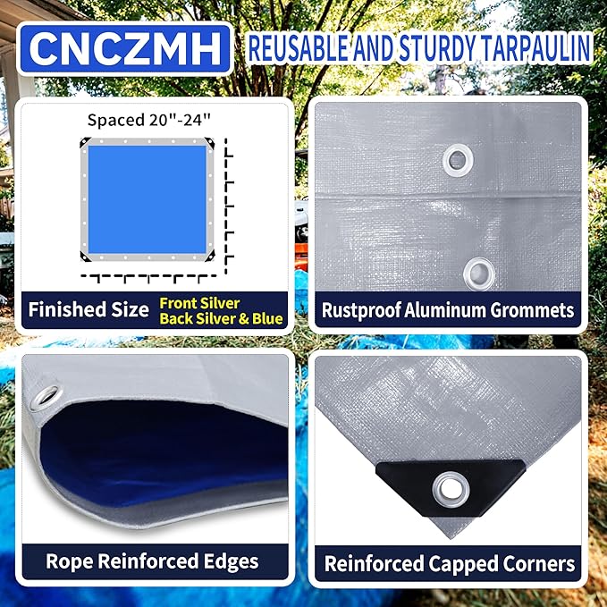Heavy Duty Tarp Waterproof 8x10 Feet, 10 Mil Thick Silver Blue Poly Tarps Outdoor, Metal Grommets, Reinforced Edges, Multipurpose Tarpaulin Cover for Camping, Boat, Swimming Pools