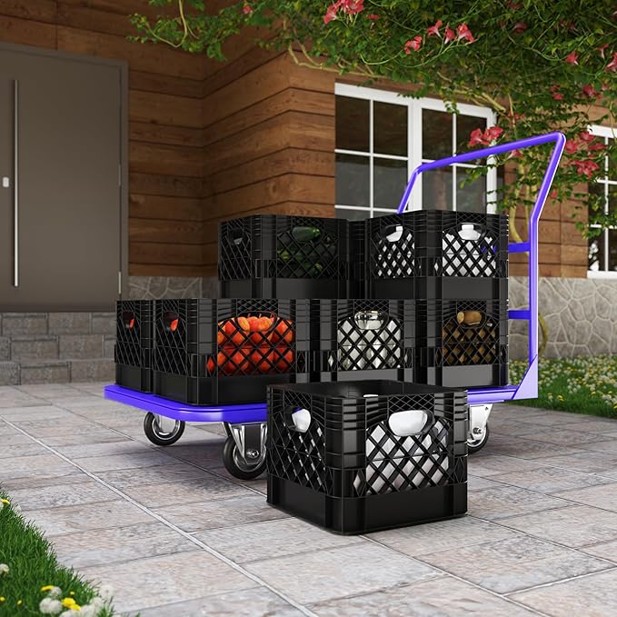 13 in. x 13 in. x 11 in. Heavy-Duty Black 16 Qt Milk Crate | 4 Pack | Stackable Storage Container with Handles