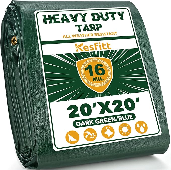 Kesfitt Tarp Heavy Duty Waterproof 20x20FT, 16 Mil Thick Tarps Tear&Fade Resistant,UV Resistant, Poly Tarp Cover with Grommets and Reinforced Edges for Outdoor Camping Pools Boat Car(Green/Blue)