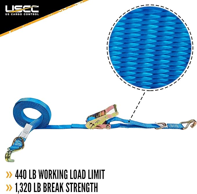 US Cargo Control J Hook Ratchet Strap 1" x 20' (25-Pack), 1 Inch Ratchet Straps with Double J-Hooks & D-Rings, 1,320 LBS Break Strength, Versatile Cargo Tie Downs for Pickup Trucks, Trailers, & More