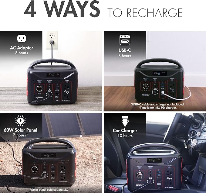 Tenergy T320 Portable Power Station, 300Wh Battery, 110V/200W (Surge 400W) Two Pure Sine Wave AC outputs, USB type C PD 45W, Solar Ready Mobile Power for Outdoors Camping Vans RV, Emergency Backup