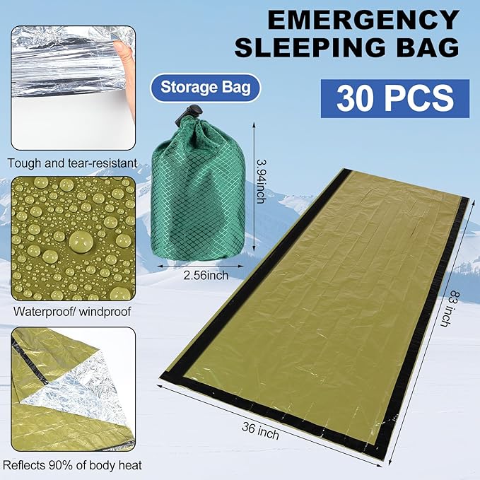 8 Pcs Portable Emergency Thermal Blanket Camping Sleeping Bag Solar Rechargeable Flashlight Emergency Safety Whistle Gloves Scarf Socks Beanie Set for Camping Hiking Travel Hunting (Green)