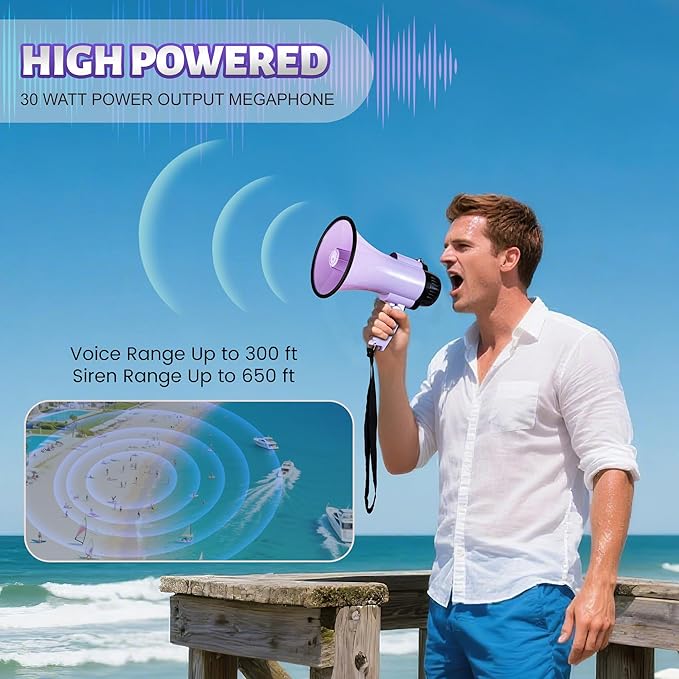 30 Watt Power Portable Megaphone Bullhorn Speaker Voice, Siren/Alarm and 240S Recording with Volume Control and Strap