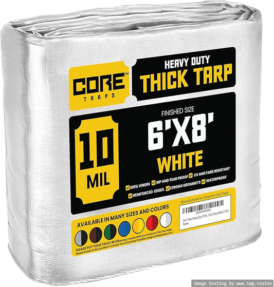 Core Tarps Heavy Duty 10 Mil Tarp Cover, Waterproof, UV Resistant, Rip and Tear Proof, Poly Tarpaulin with Reinforced Edges for Roof, Camping, Patio, Pool, Boat (White 6′ X 8′)
