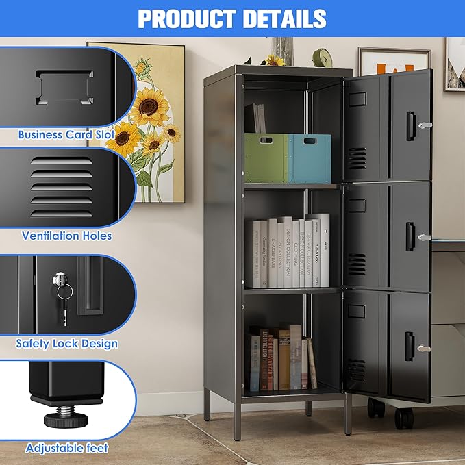 METAN Metal Storage Employees Locker with 3 Lockable Doors,47''H*16''W*16''D Locking Storage Cabinets for Small Spaces,Home,School,Gym,Assembly Required,Black