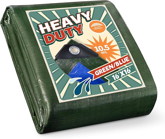 RAINDEWAY Tarps Heavy Duty Waterproof 16x16 Feet,10.5 Mil Waterproof Tarps for Outdoors,Multipurpose Poly Tarp Cover with Metal Grommets and Reinforced Edges,Green/Blue