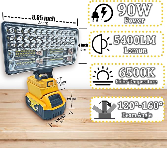 Cordless LED Work Light for Dewalt 20V Battery，90W 5400LM Wide Beam Flood Light with Two USB Charging Port Flashlight for Emergency,Workshop,Garage.(No Battery)