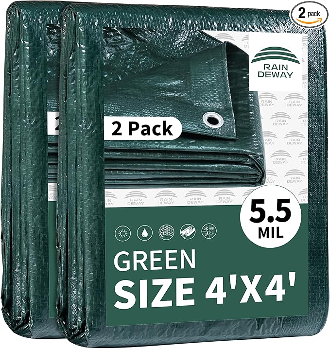 RAINDEWAY Tarps 4x4 Feet(2 Pack),Small Tarp Waterproof,5.5 Mil Thick, Multipurpose Waterproof Poly Tarp Cover with Metal Grommets and Reinforced Edges,Green Tarps