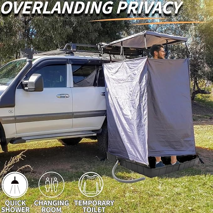 DANCHEL OUTDOOR Car Awning Shower Tent Room with Portable Shower Pan, Camping Privacy Shelter Enclosure Overland Portable Changing Room w/LED Light 3.3ft x 3.3ft Gray