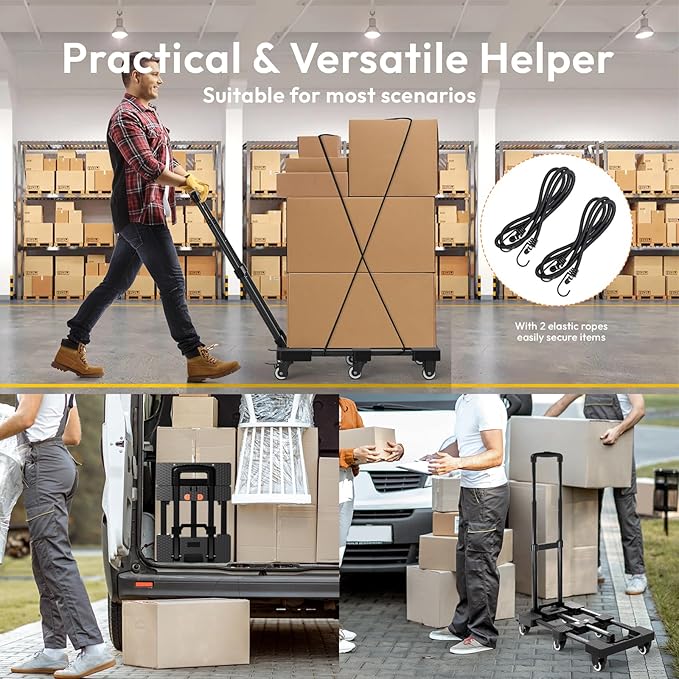 Folding Hand Truck 500lbs, Portable Heavy Duty Dolly Cart, 6 Wheels Collapsible Luggage Cart with 2 Elastic Ropes - Compact Trolley Cart for Easy Moving - Ideal Hand Cart for Travel and More